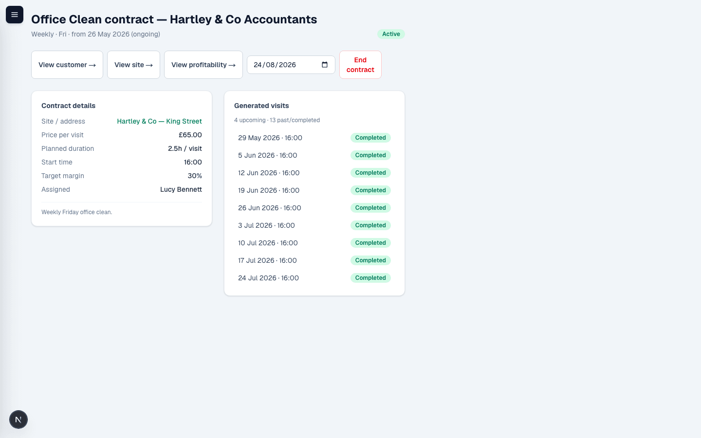 Set up a recurring contract once — the visits book themselves